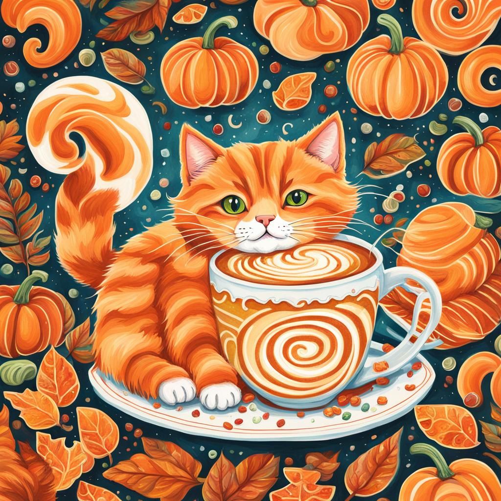 Orange Cat Drinks Pumpkin Spice Latte, Gouache Style