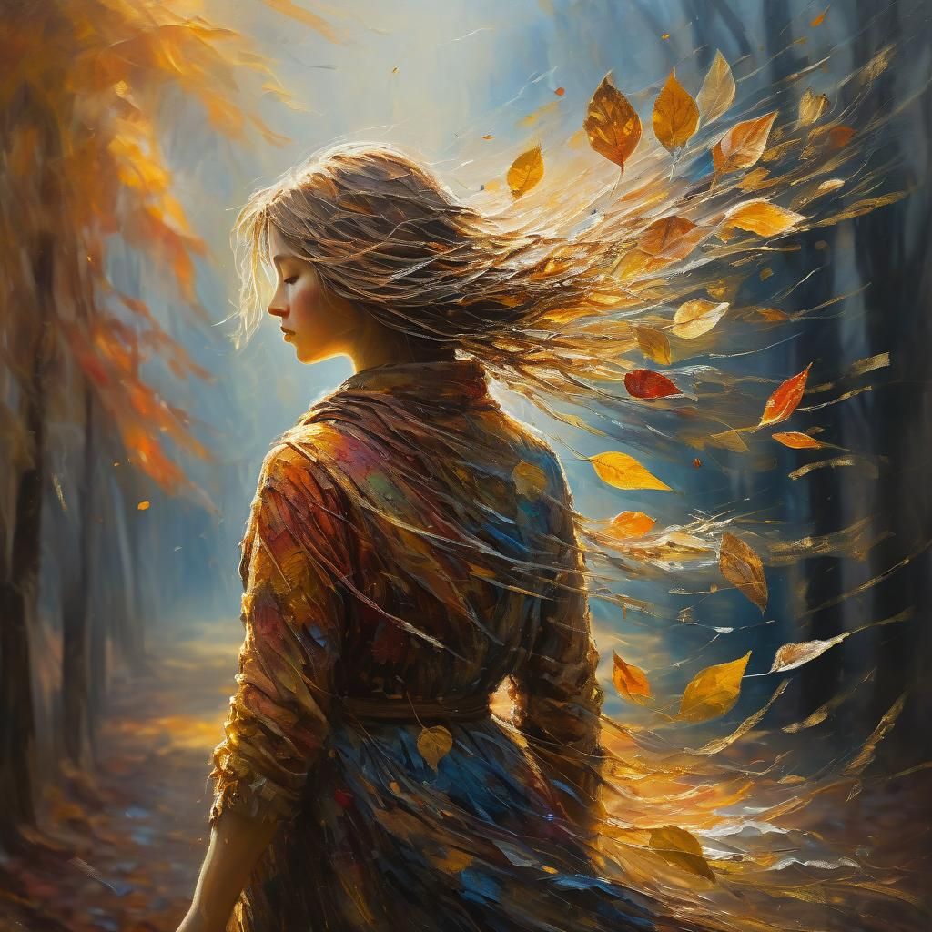 Autumn Lady Emerging from Rich Leafy Textures
