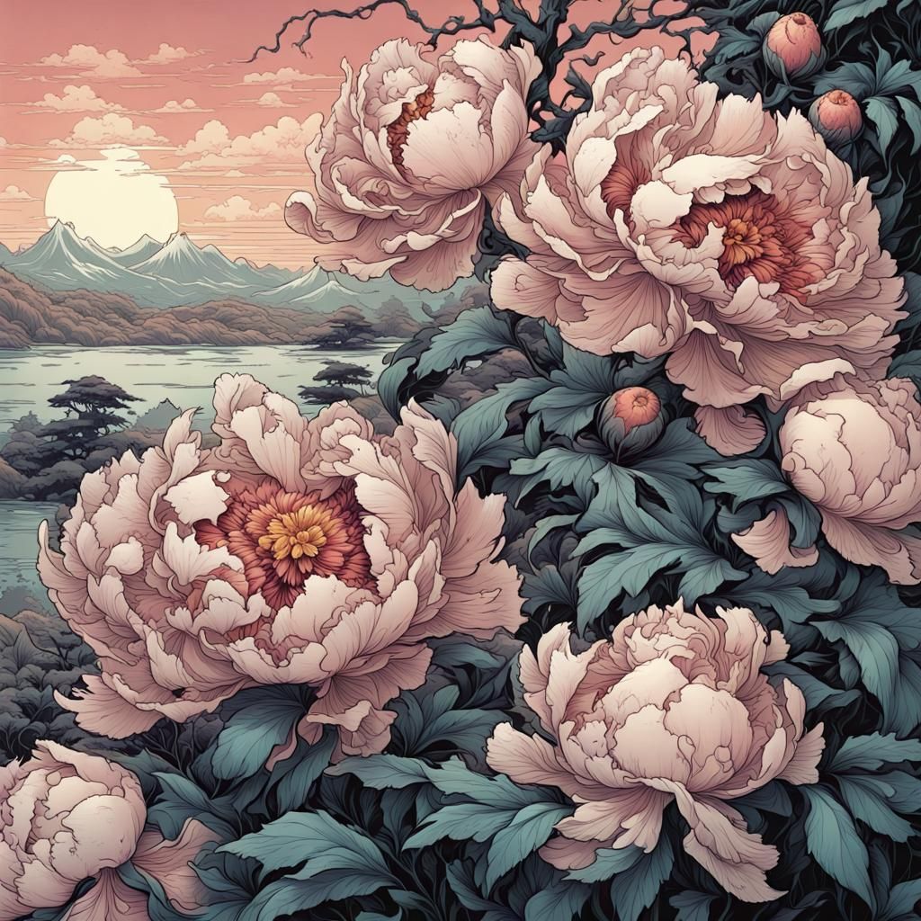 Decaying Peonies in Ukiyo-e Comic Style