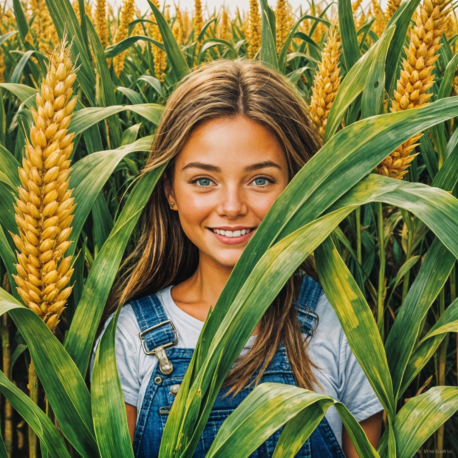 Girl in Cornfield, Folk Art Style Painting