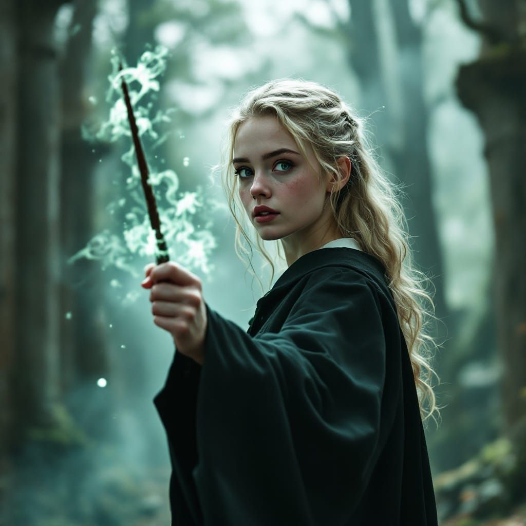 Slytherin Student Casts Spell with Quiet Intensity