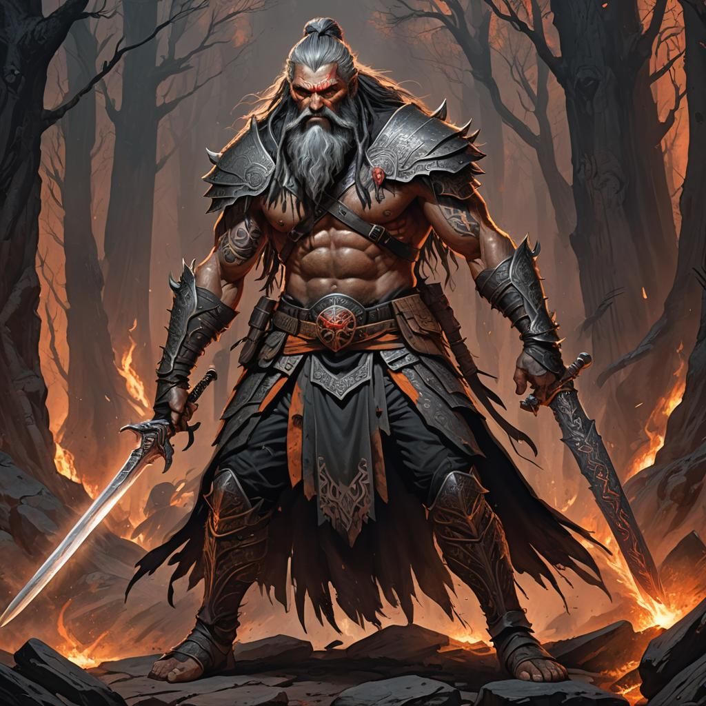 Imposing Grey-Skinned Warrior with Great Sword in Dark Fanta...