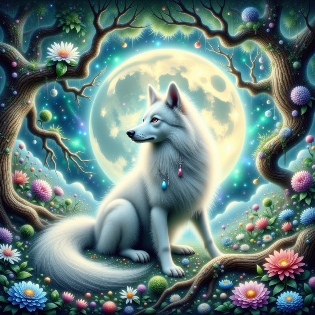 Mystical Yin Dog in Moonlit Forest
