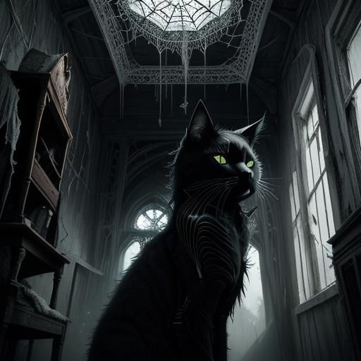 Mystical Cat in Abandoned House with Spiderwebs