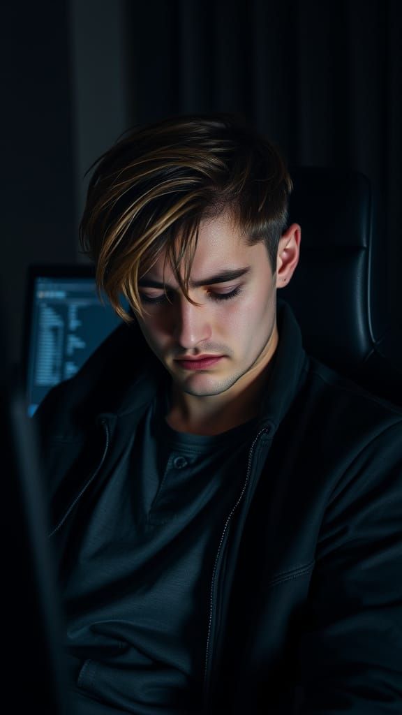 Melancholy Man in Dark Room with Emo Hair