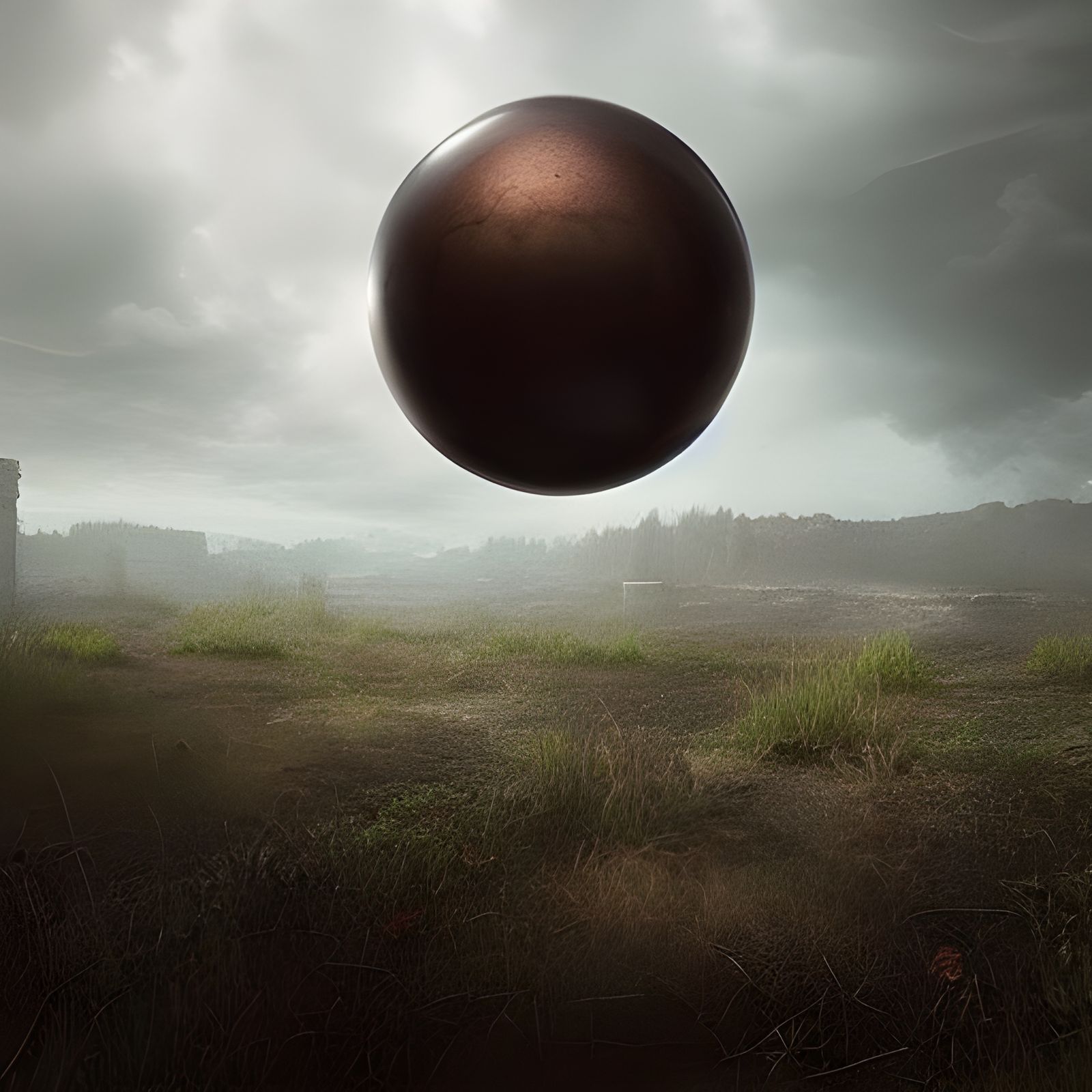 Hyperrealistic Metal Sphere in Abandoned Landscape