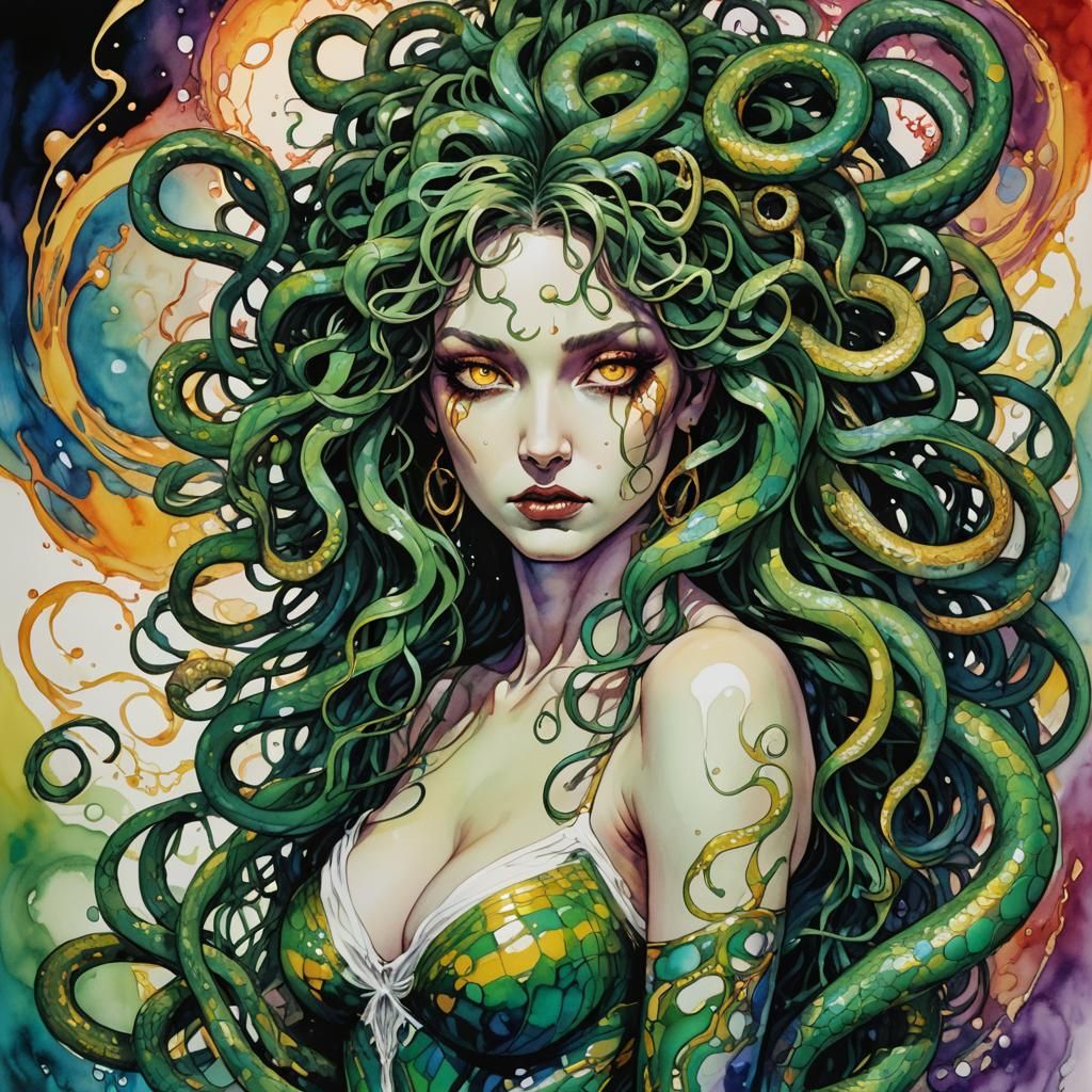 Weeping Medusa in Bright Alcohol Ink Style