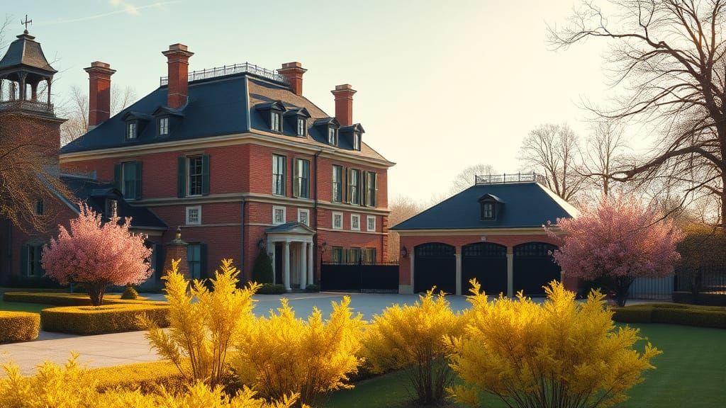 Elegant Chateau in Golden Hour Light with Spring Garden