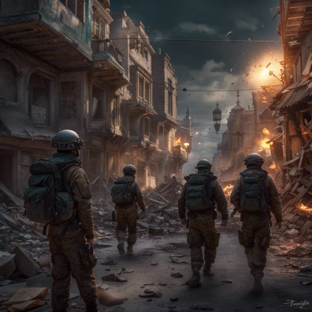 American Soldiers in Kandahar Ruins: Photorealistic Render