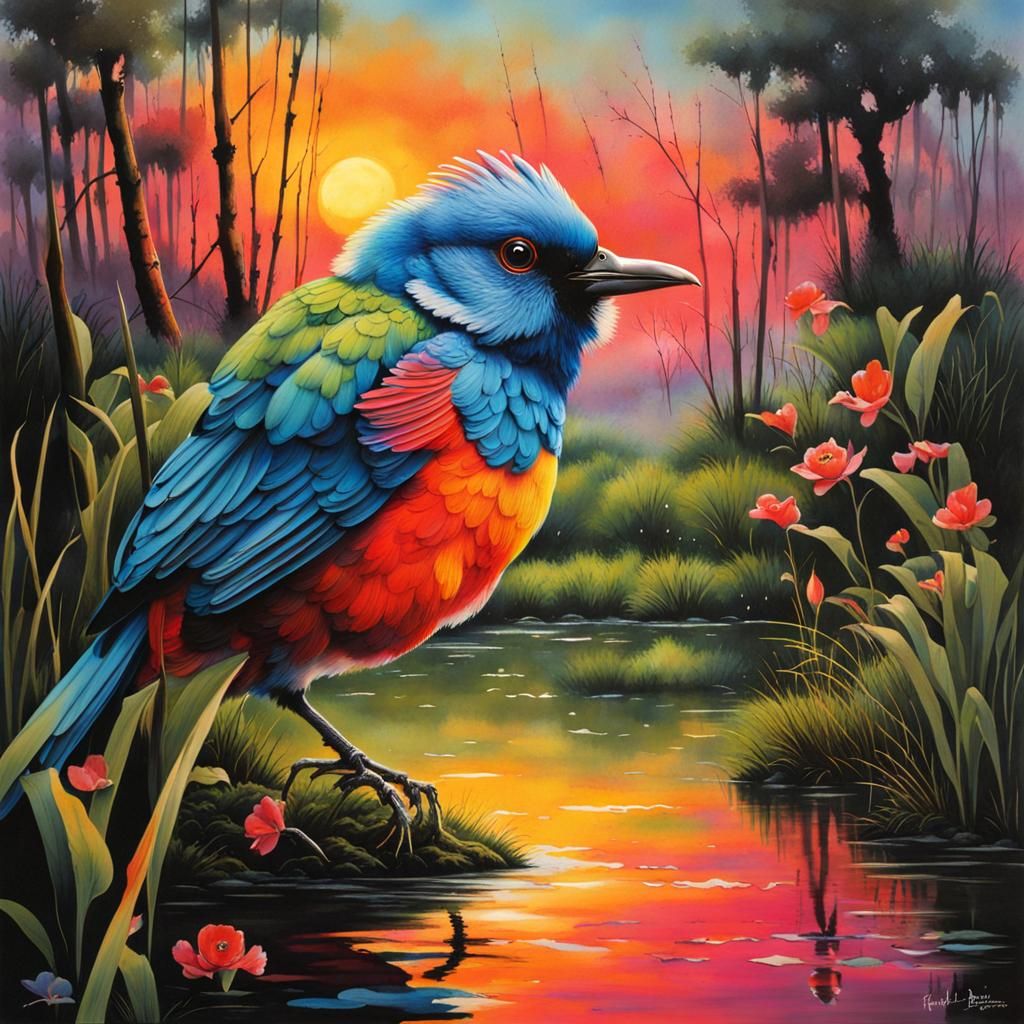 Colorful Bird in Whimsical Swamp: Splash Art