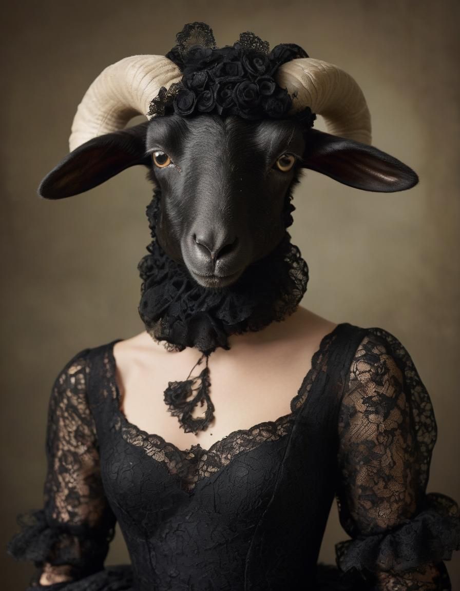 Anthropomorphic Sheep in Black Lace Gown