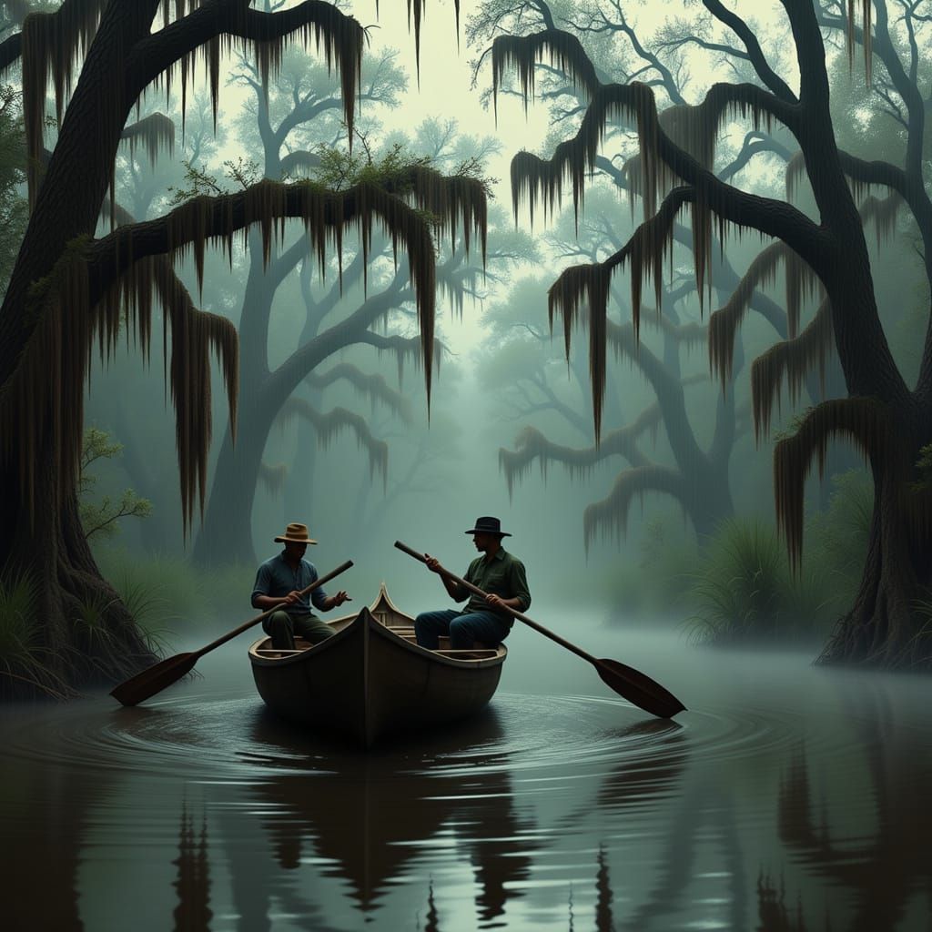 Men Canoe Through Misty Bayou Swamp