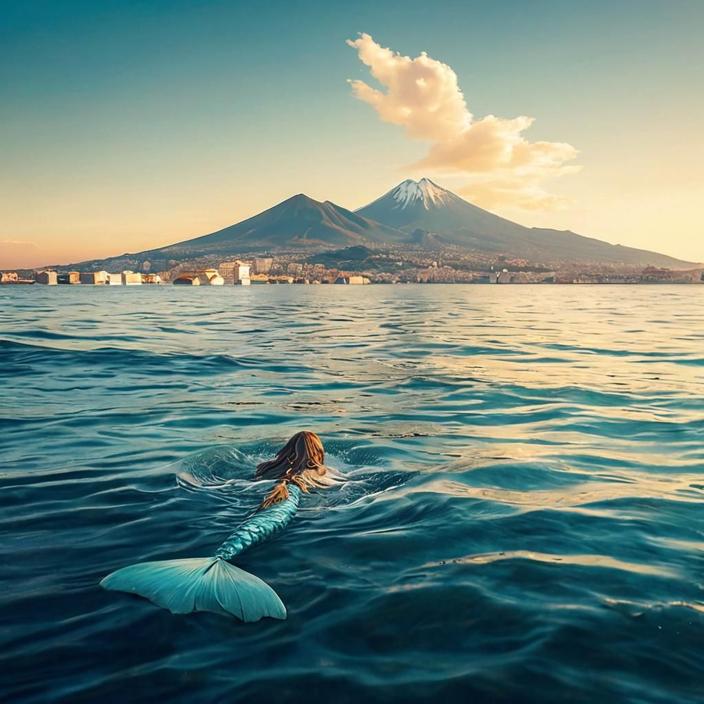 Partenope Mermaid Rises in Surreal Ukiyo-e Landscape