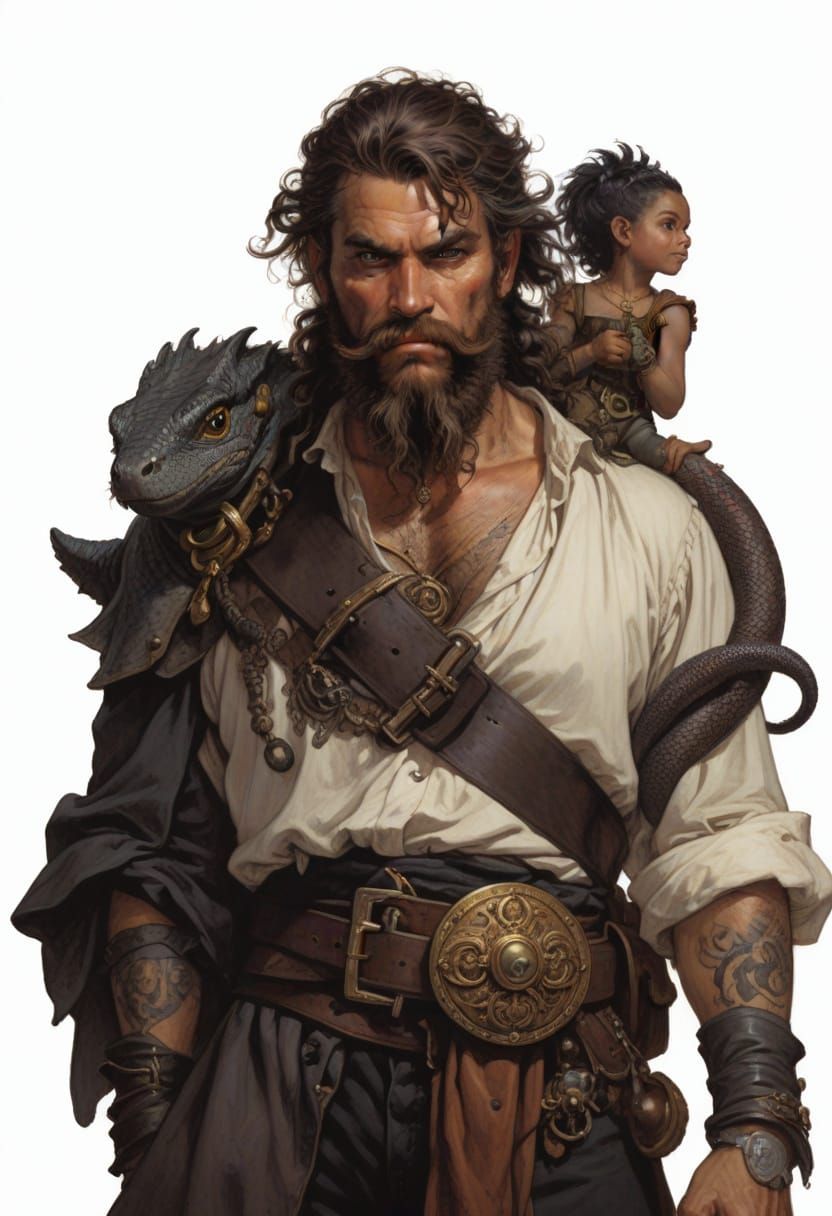 Pirate Hero with Pixie and Lizard Companion in Fantasy Illus...