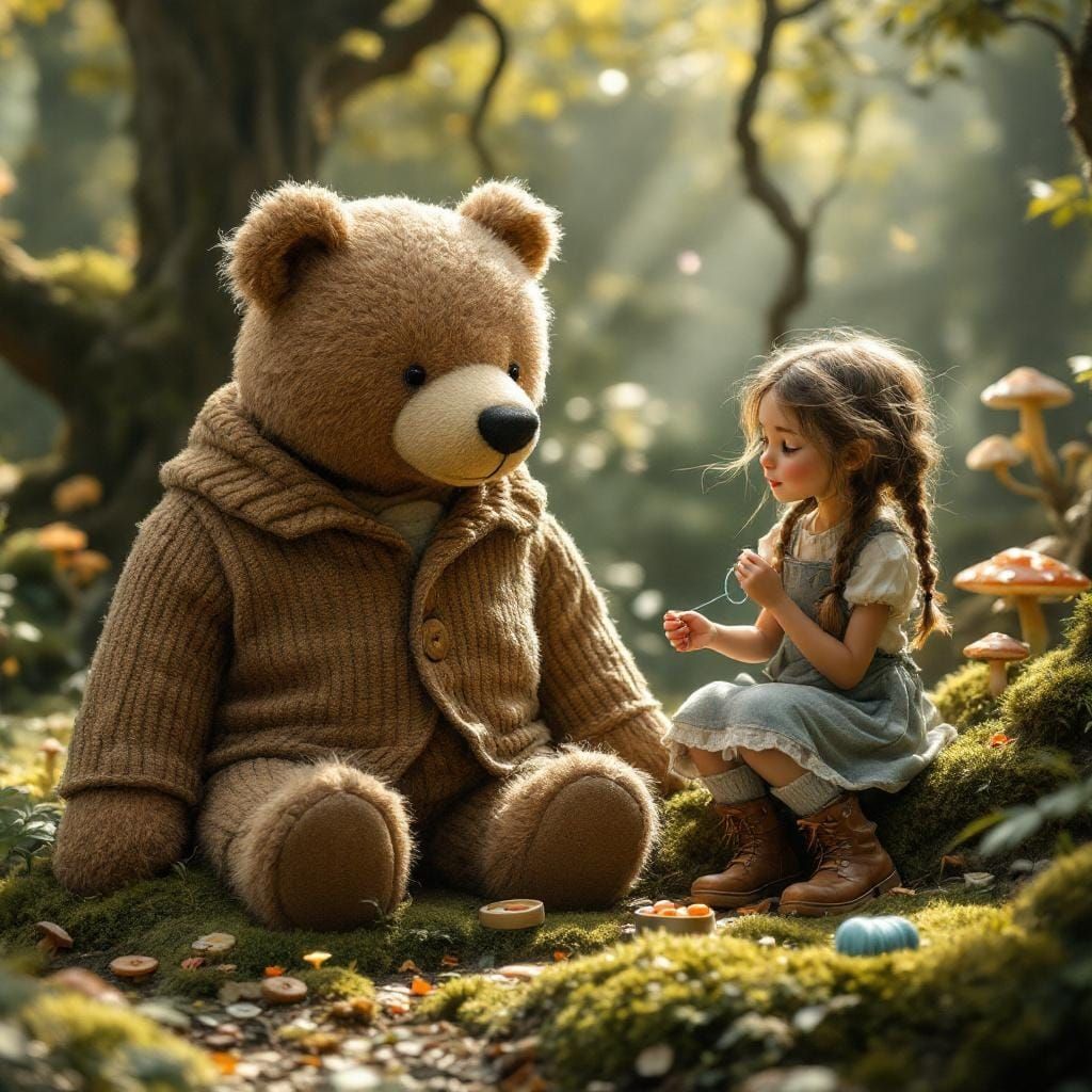 Girl Mending Plush Bear in Magical Forest Clearing