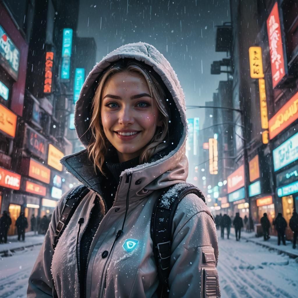 Cyberpunk Model Smiles in Neon Snowfall