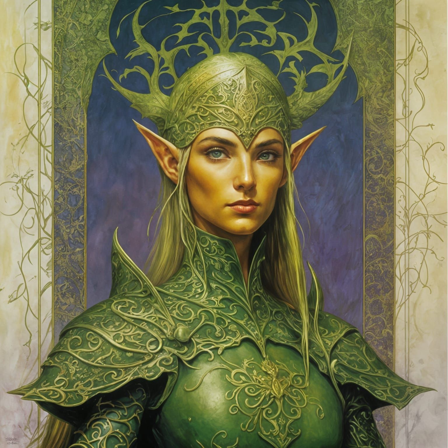 Elf in Green Elvish Armor, Intricate Digital Art