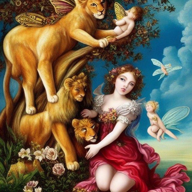 fairy goddess  with a baby lion art