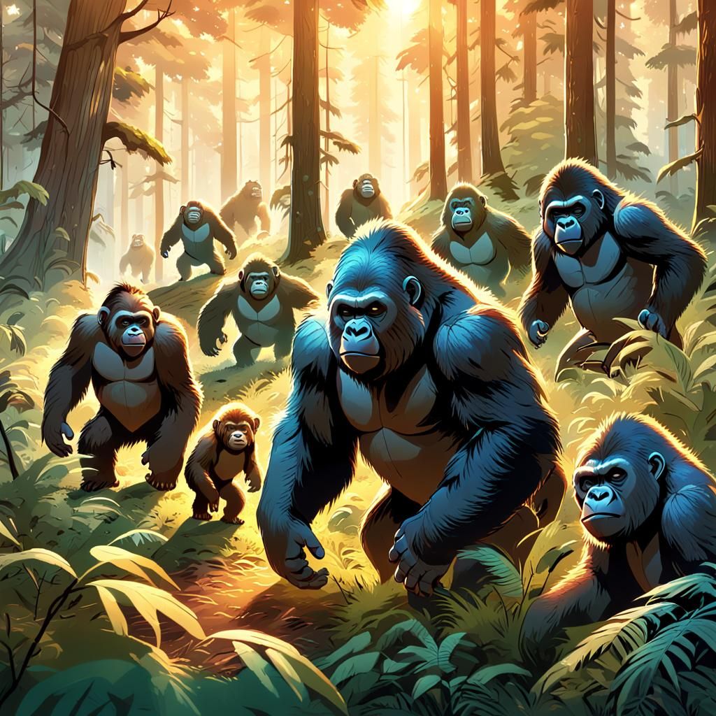 Gorillas and Ewoks Playing in Forest, Hyperrealistic Digital...