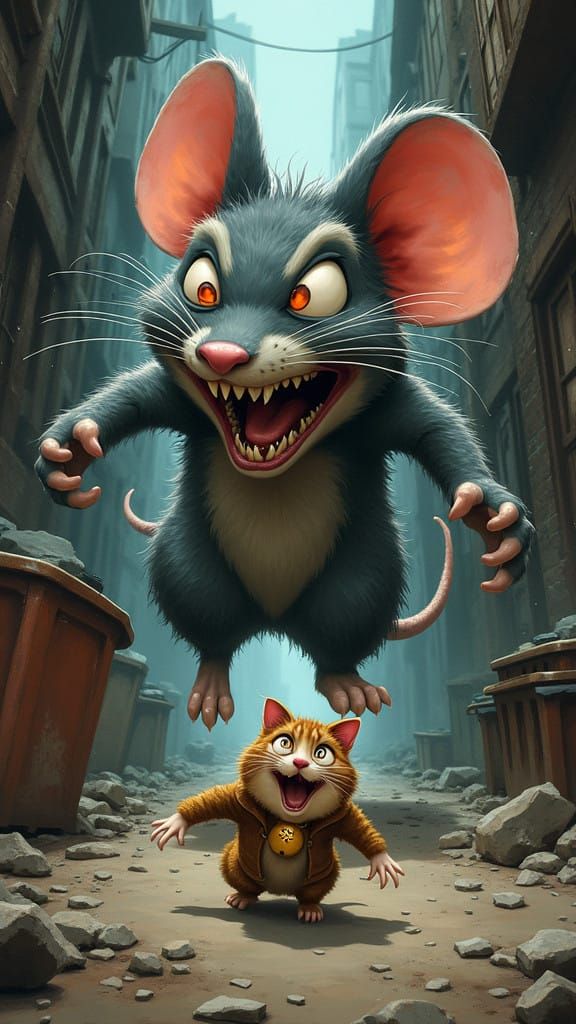 Surreal Frenzy: A Fierce Mouse Pursues a Terrified Cat in a...