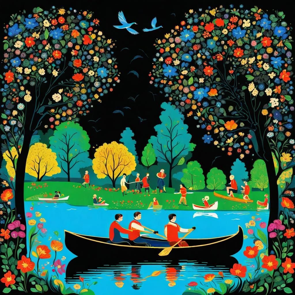Park Picnic on the Lake in Palekh Style