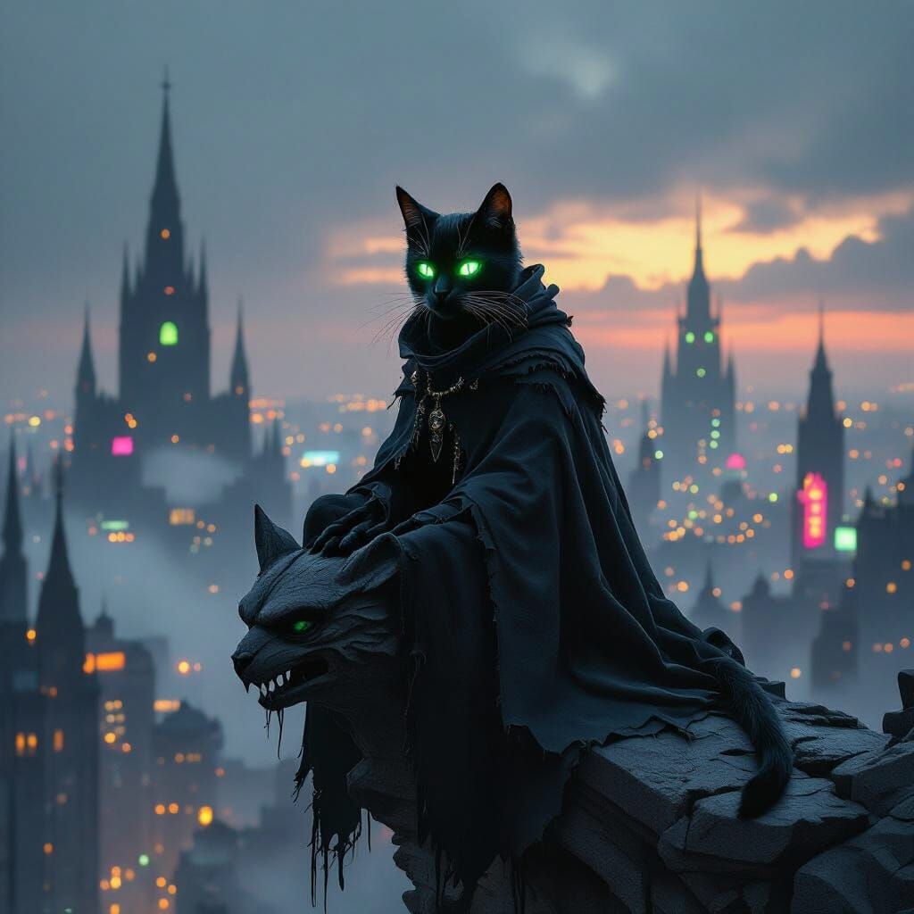 Obsidian Cat on Gargoyle in Twilight Cityscape