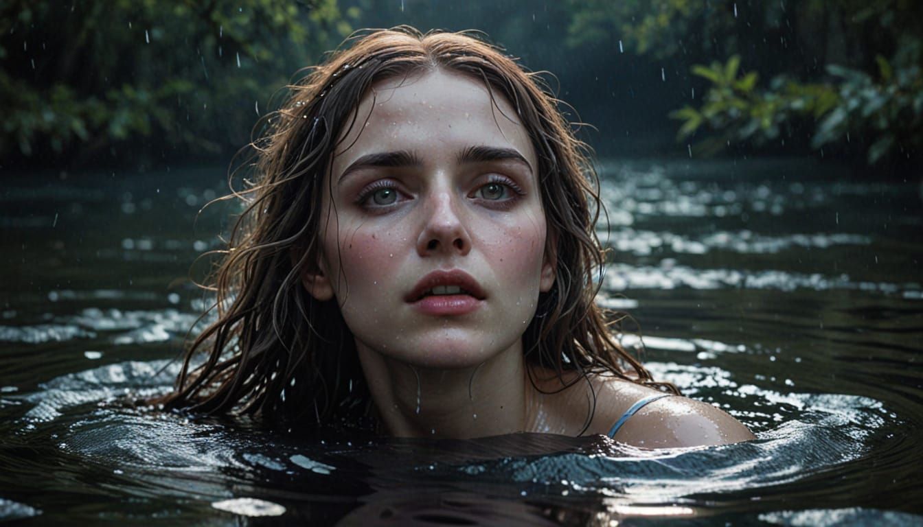 Ethereal Oil Painting of a Ghostly Girl in a River