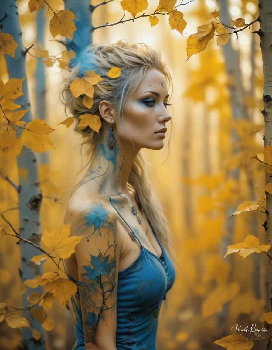 Golden Blue Girl in Aspen Forest, Royo Style