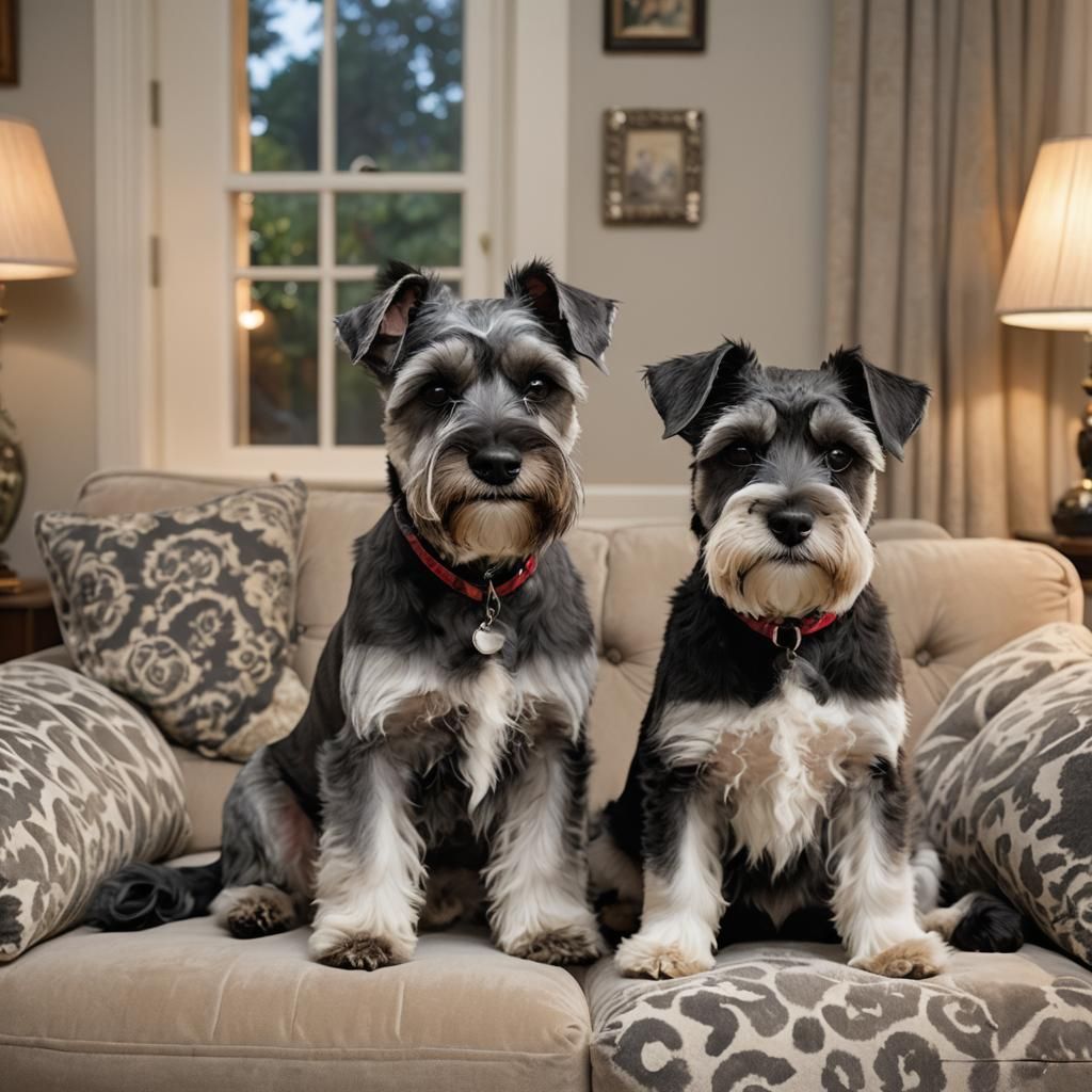 Cat and Schnauzer Portrait on Plush Sofa