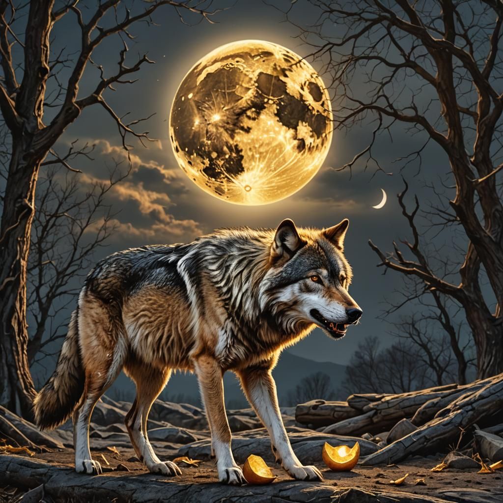 Hyperrealistic Wolf Consumes Golden Moon