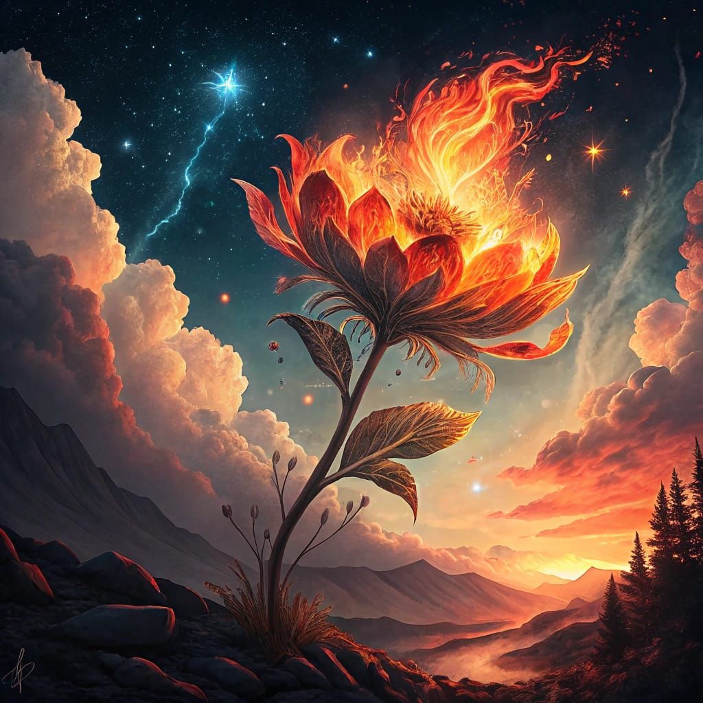 Vibrant Fire Flower Blooms in Cosmic Sky