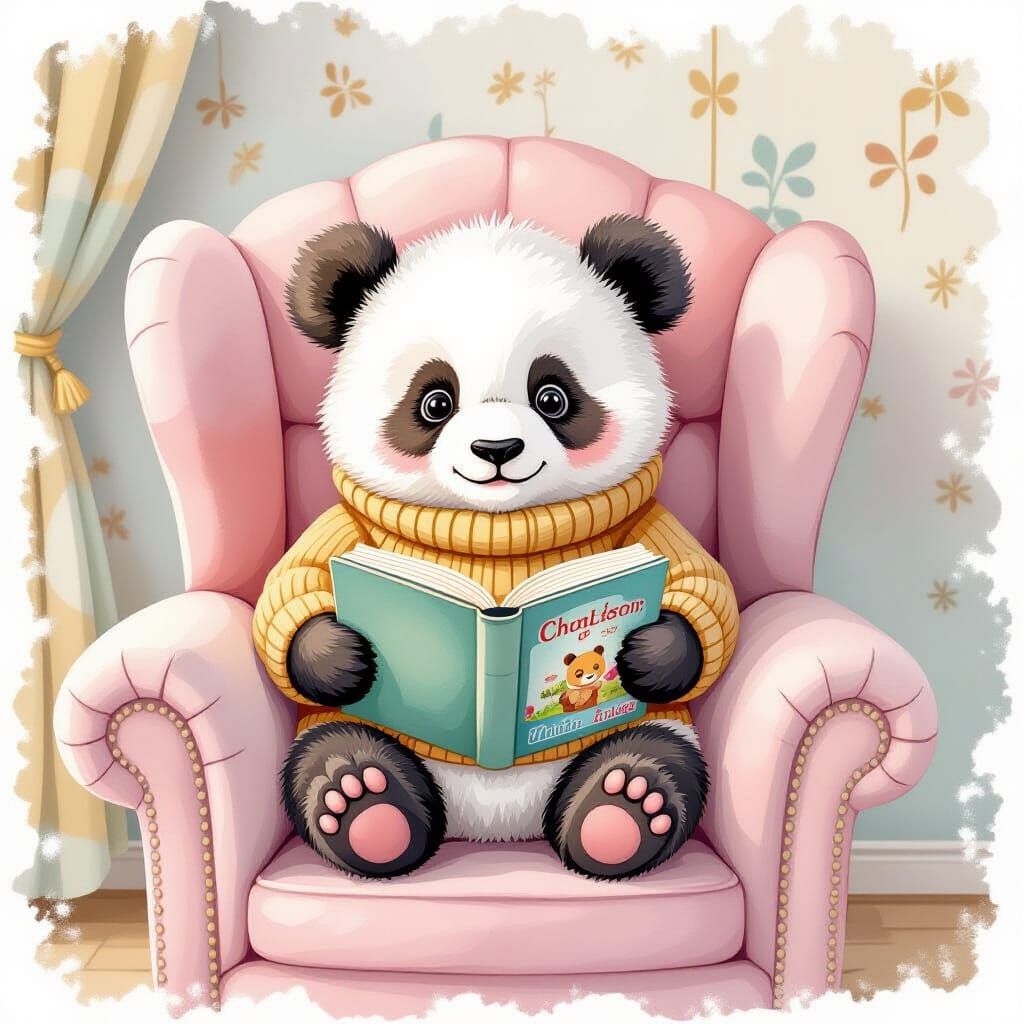 Baby Panda Reading Book in Watercolor Storybook Style