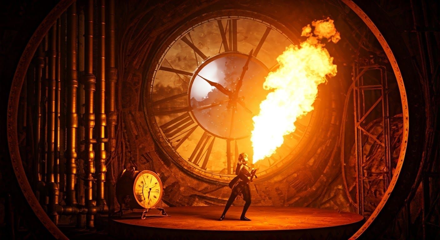Steampunk Carnival Fire Eater in Moonlit Ambiance