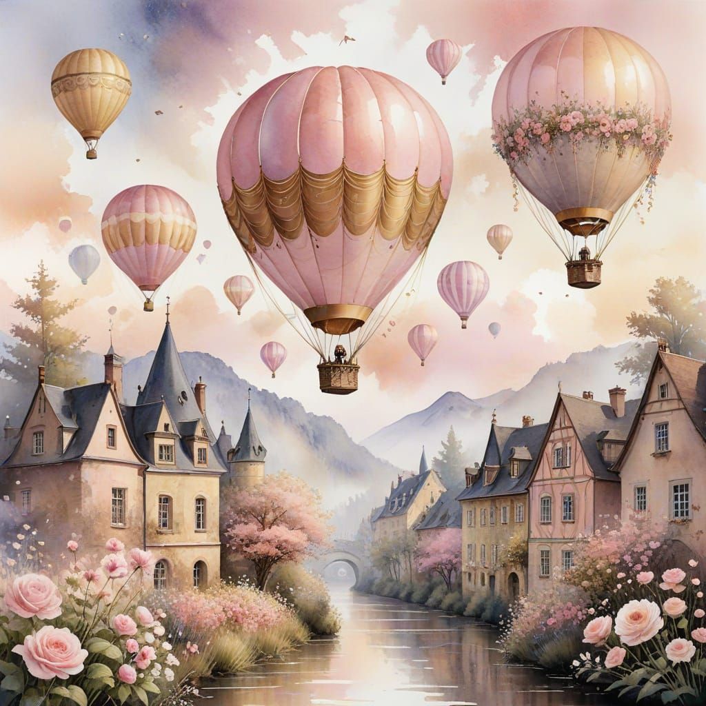 Victorian Watercolour Hot Air Balloons Over Germany