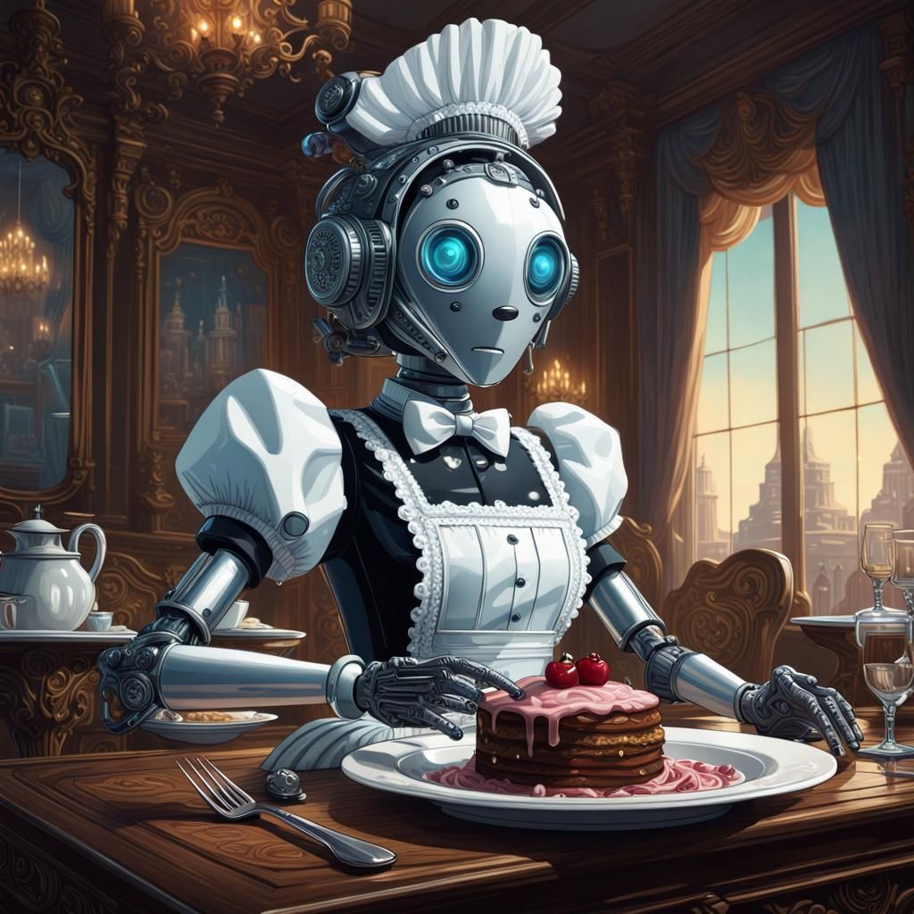 French Maid Robot Butler in Liquid Art Style