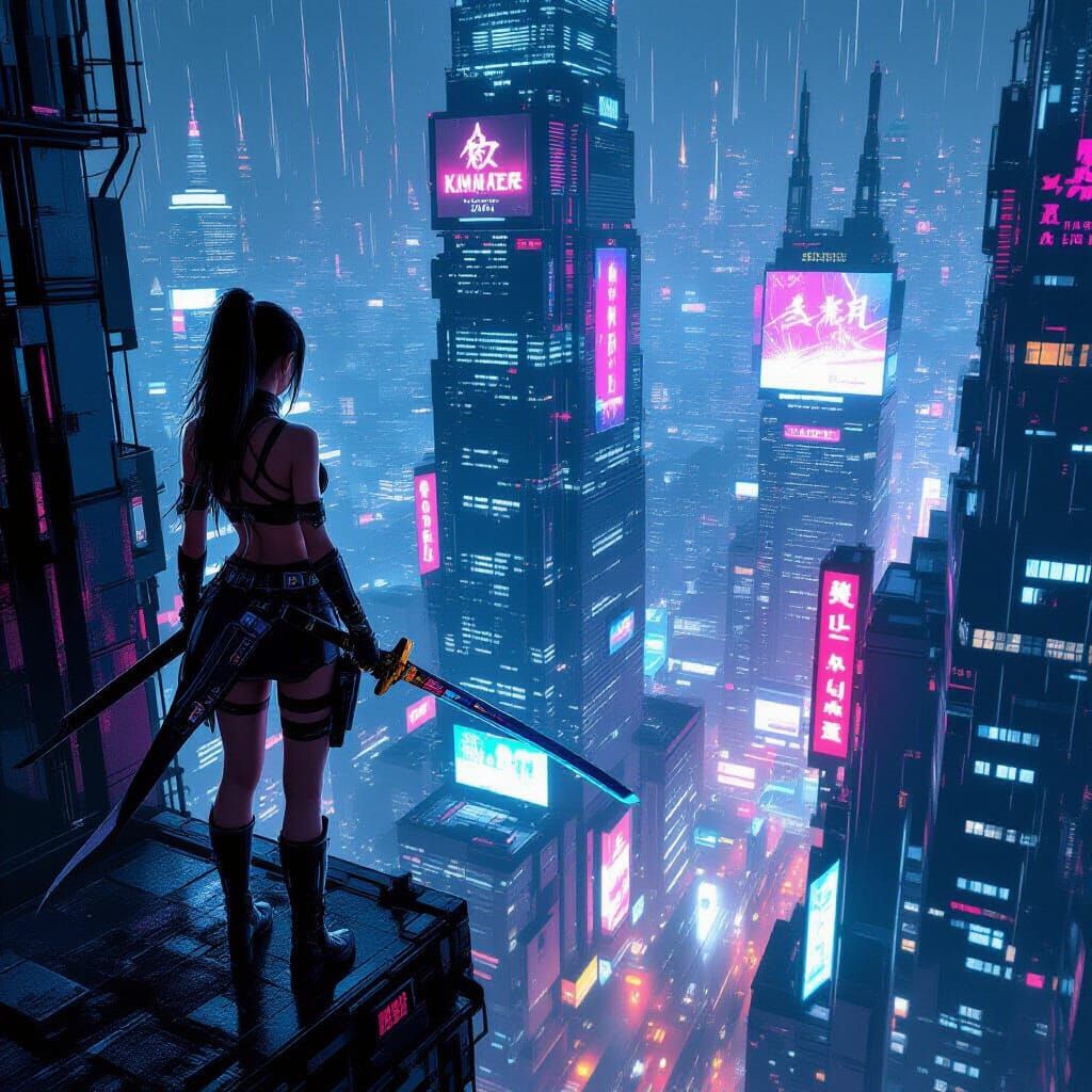 Cyberpunk Woman with Cyber-Katana on Skyscraper
