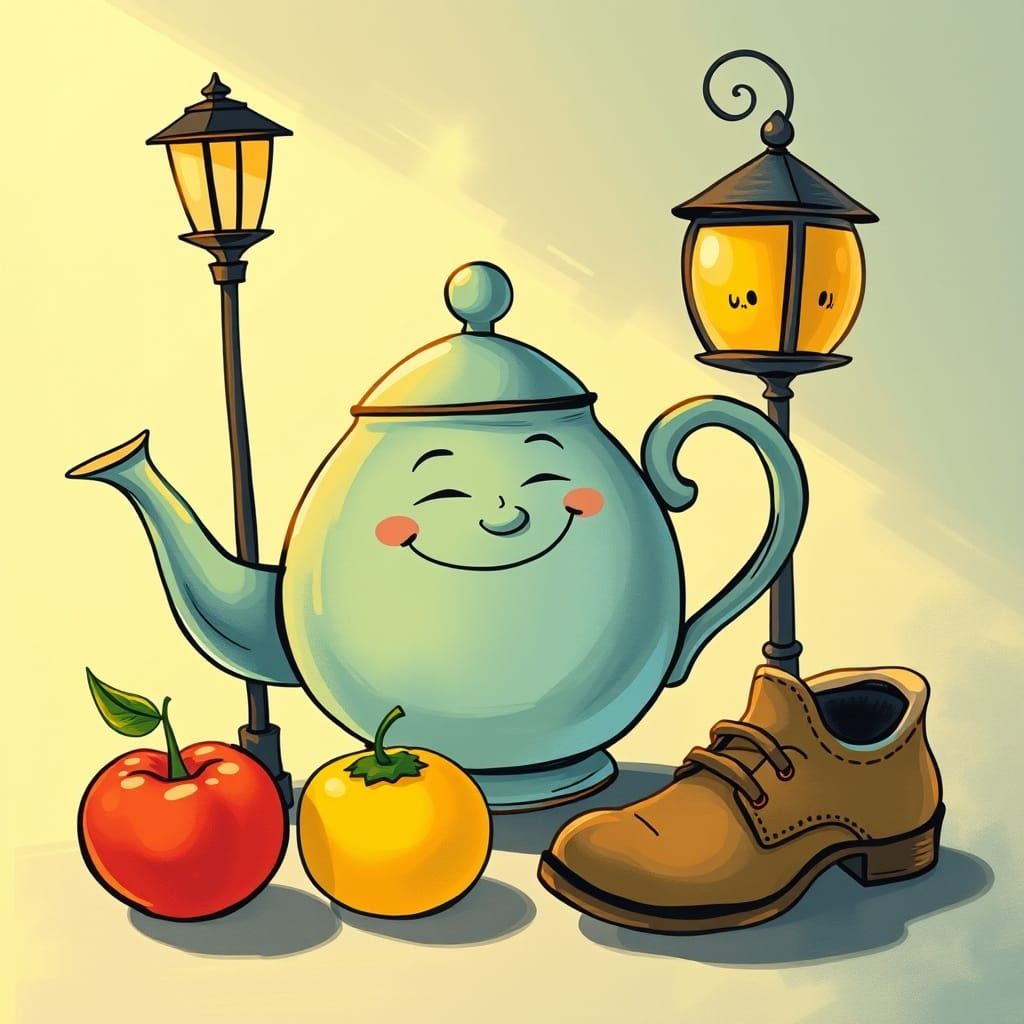 Anthropomorphic Teapot & Friends Storybook Illustration
