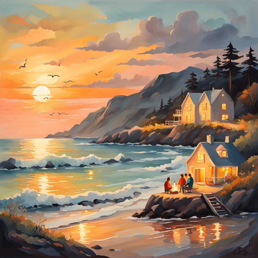 Romantic Beach Scene with Bioluminescent Waves in Gouache