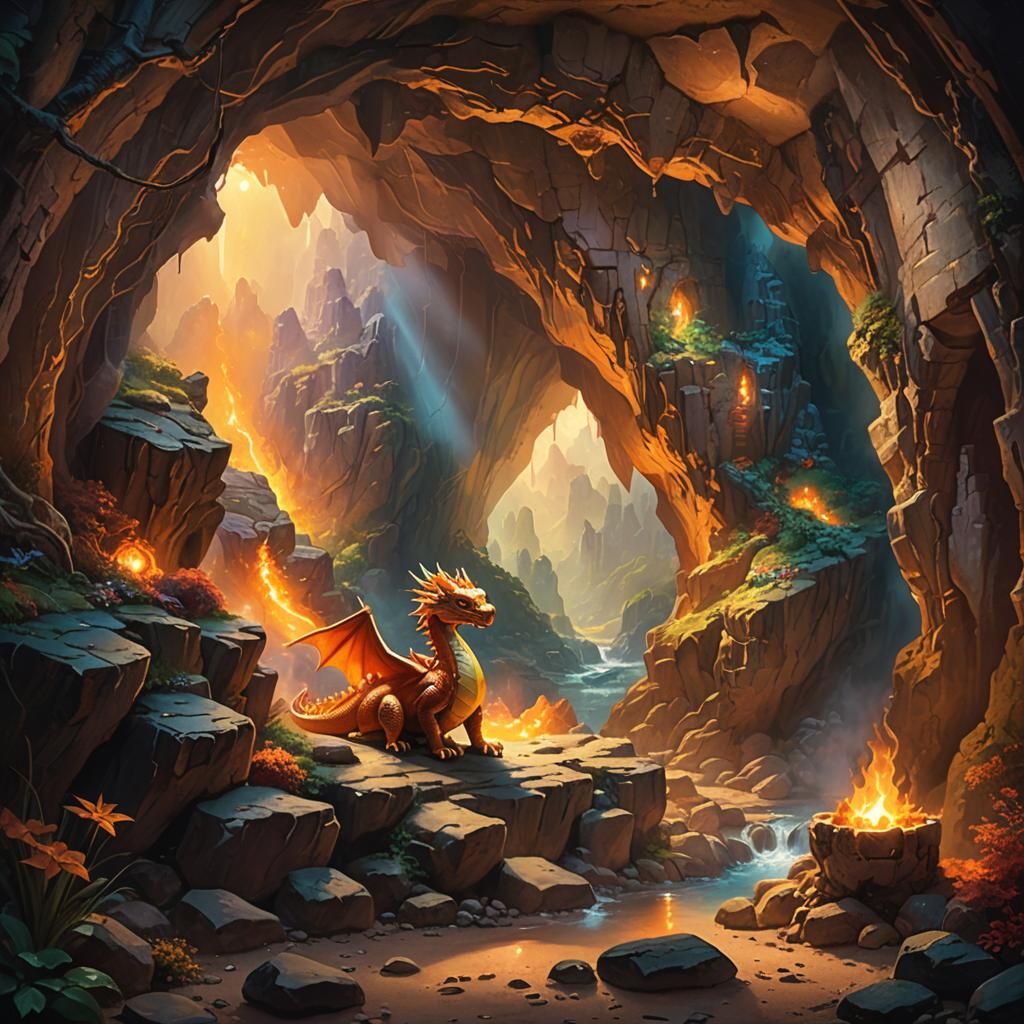 Cave with Toy Dragon in Ethereal Fantasy Style