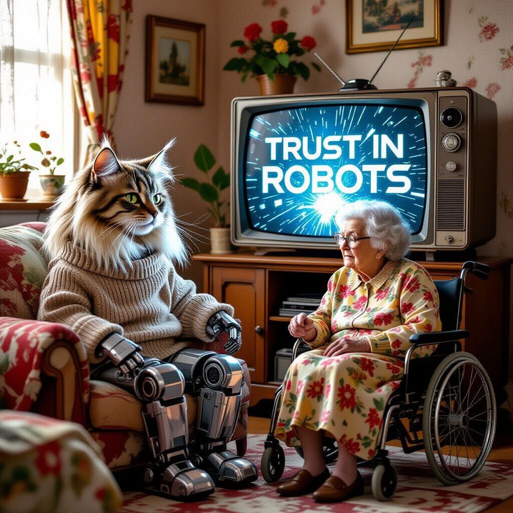 Robot Cat and Angry Lady Smashing Television