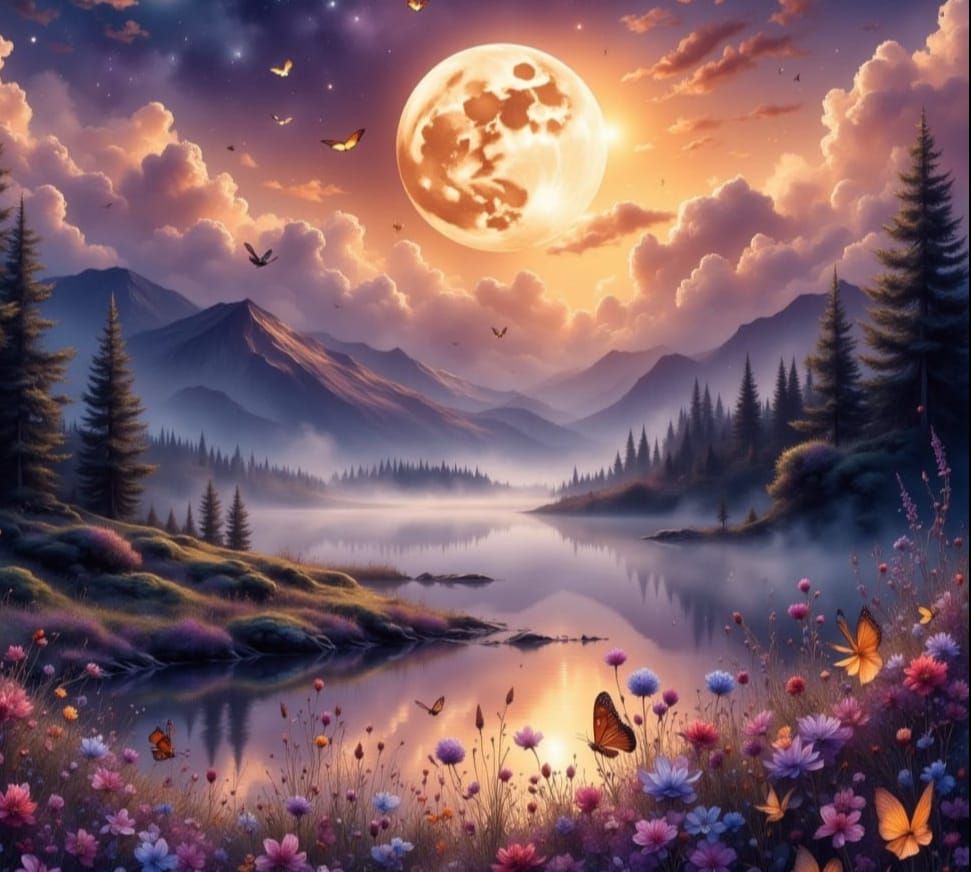 Dreamy Watercolor Enchantment of a Full Moon