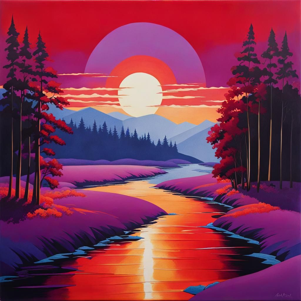 Abstract Landscape with Red Sun in Watercolor