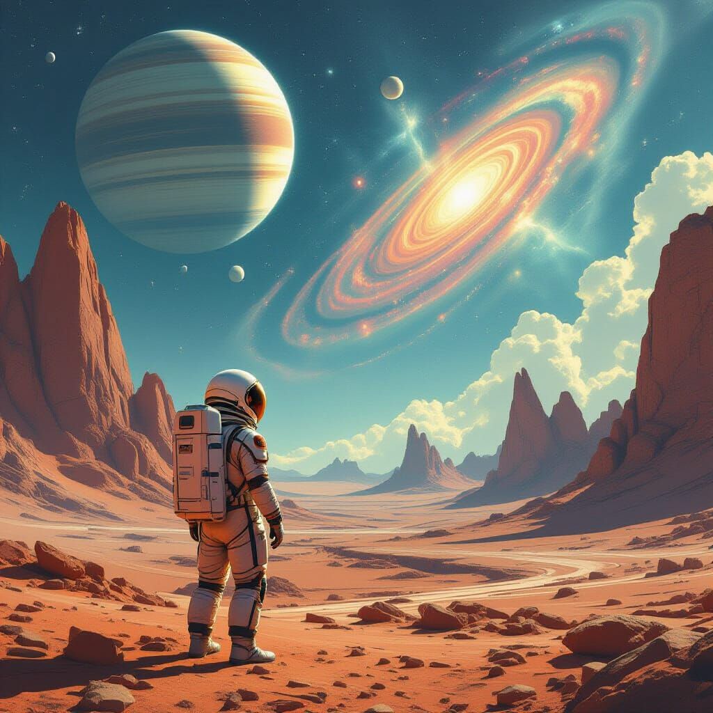 Astronaut Gazes at Alien Sky with Twin Nebulae and Ringed Pl...