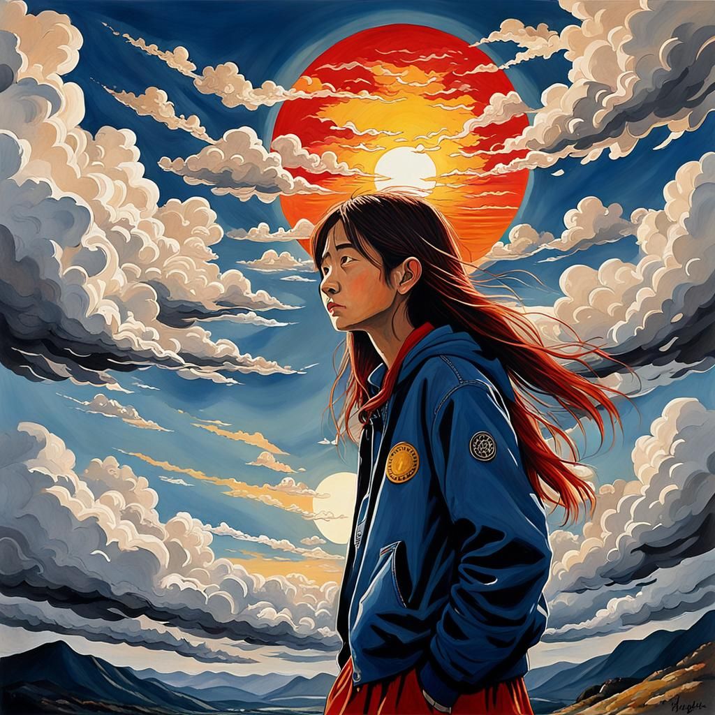 Gouache Painting of Sun Obscured by Clouds