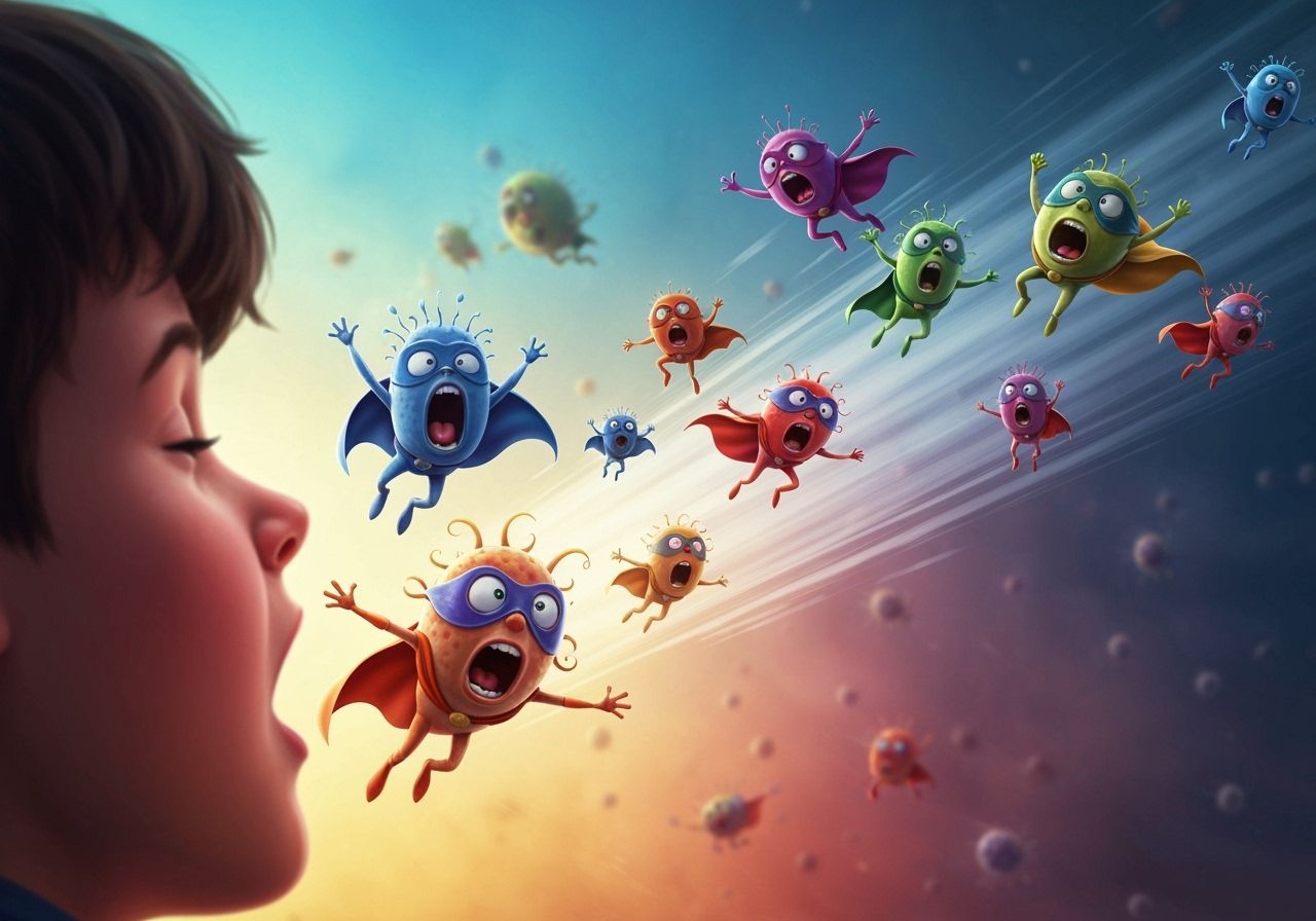 Anthropomorphic Microbes in Epic Airborne Sneeze Digital Art