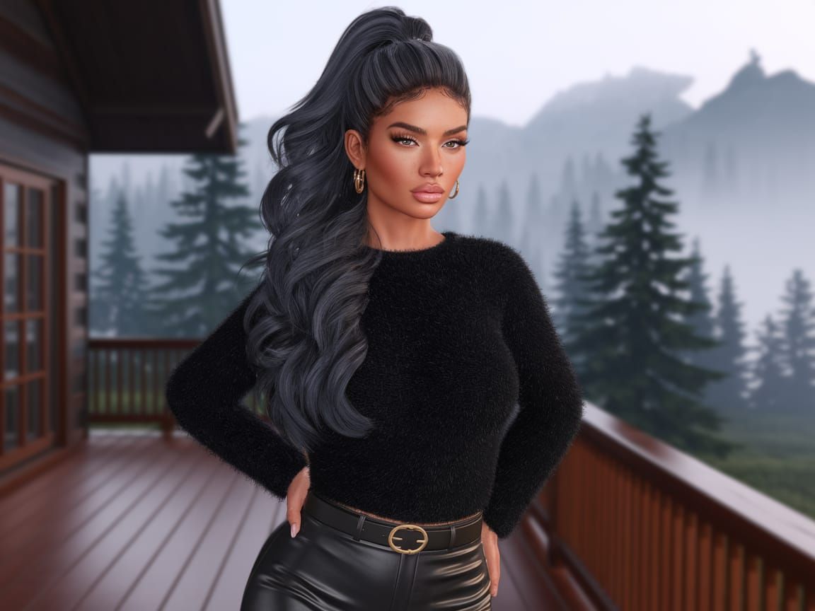 Woman in Black on Deck of Mountain Lodge