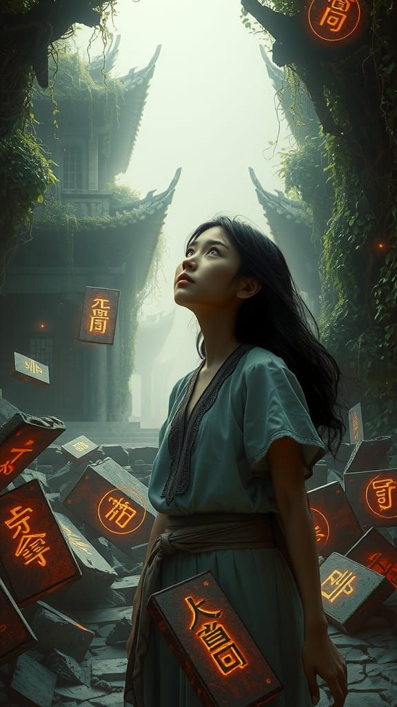 Serene Woman Amidst Crumbling Temple Ruins