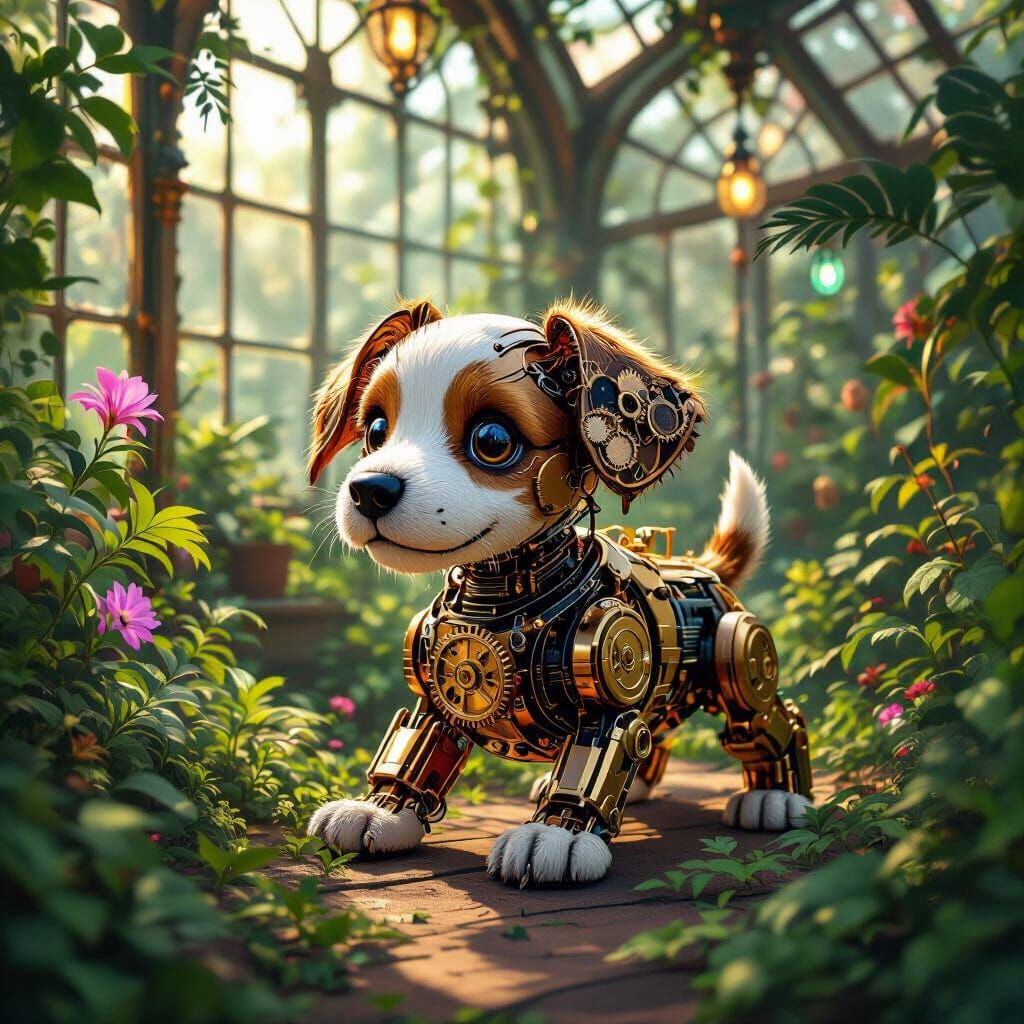 Clockwork Puppy in Overgrown Victorian Greenhouse