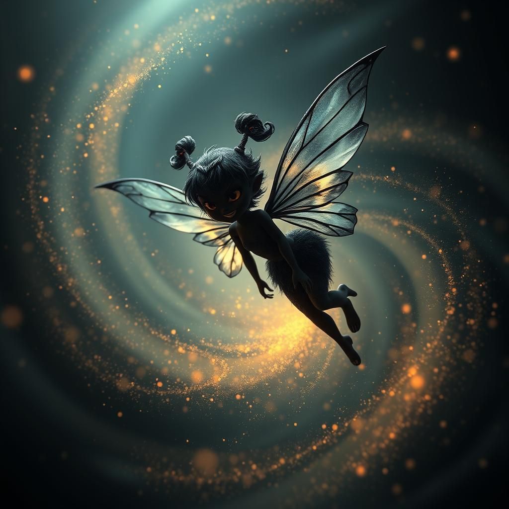 Ethereal Shadow Pixie Emerges from Dust Vortex