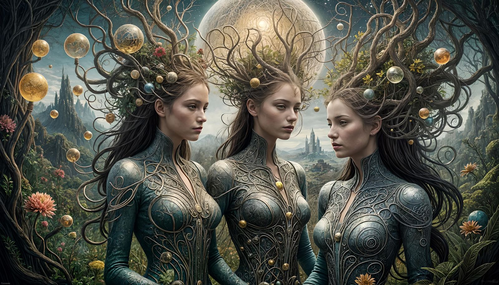 Ethereal Sisters Intertwined with Fantasy Landscapes